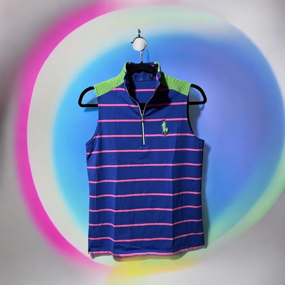 Ralph Lauren Royal Blue Sleeveless Polo Top w/Pink Stripes & Lime Green Accents - Picture 1 of 15